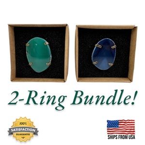 Geocentral Genuine Natural Agate Slab Adjustable Ring 2-PACK Blue & Green Boho